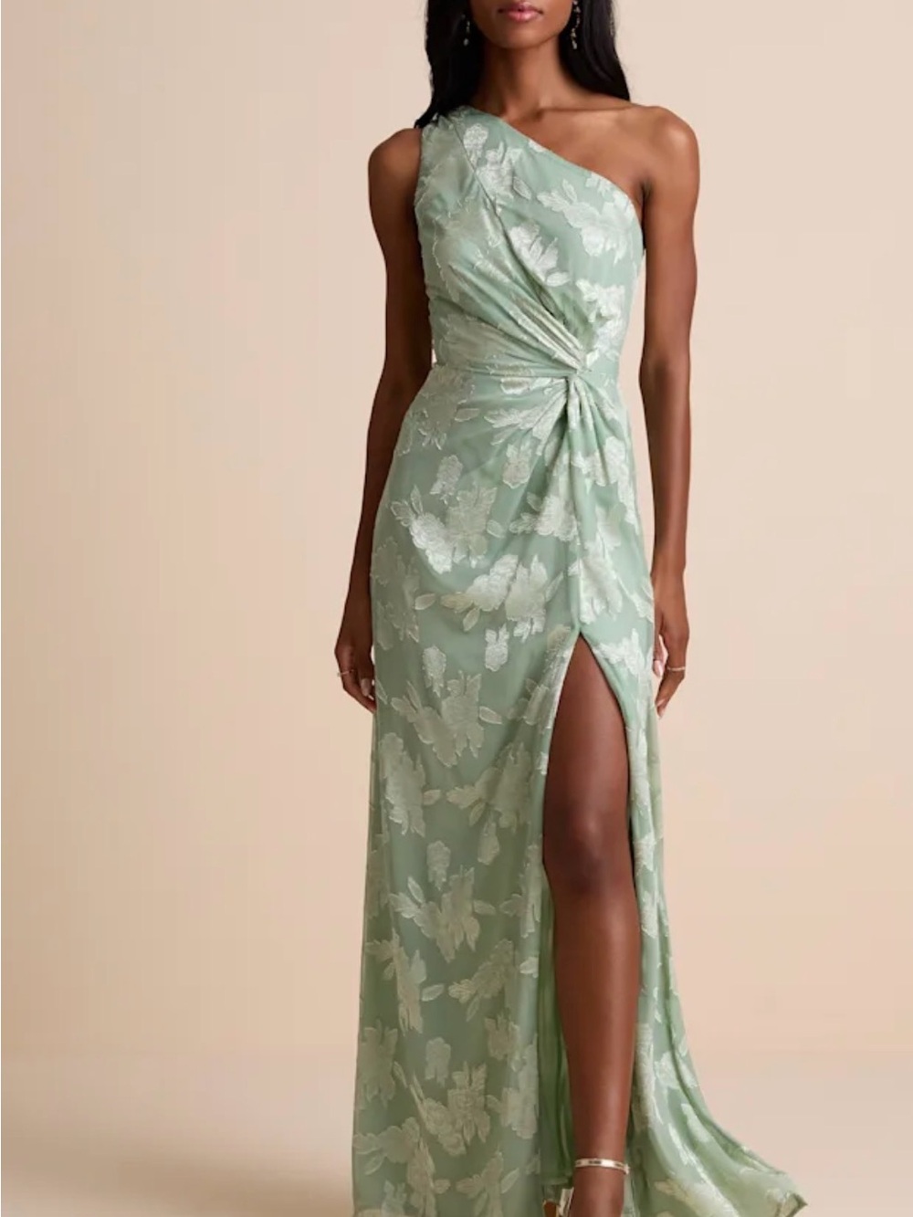 Lulu's Sage Green One-Shoulder Floral Maxi Dress